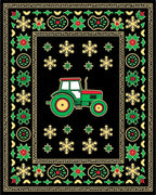 Green Tractor Red Border Black Field Rug