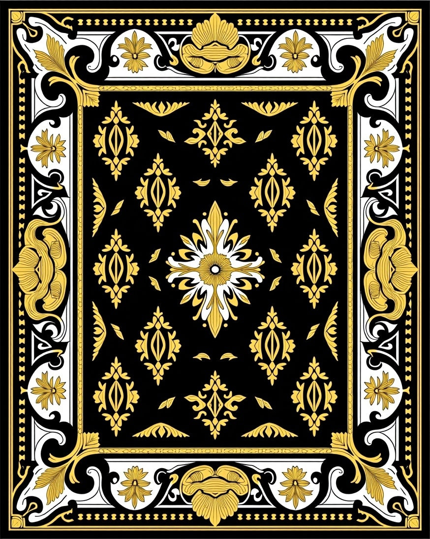 Ornate Gold Black Floral Medallion Rug