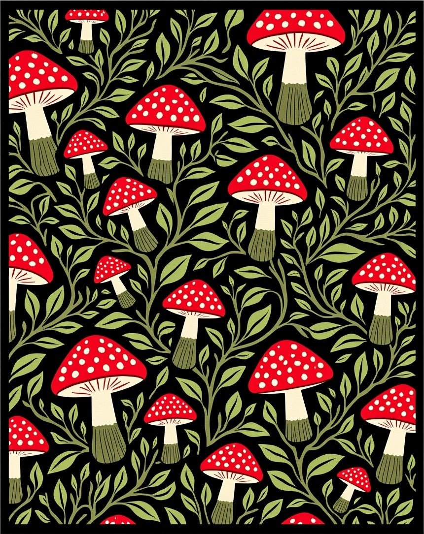 Whimsical Red Mushroom Foliage Black Rug