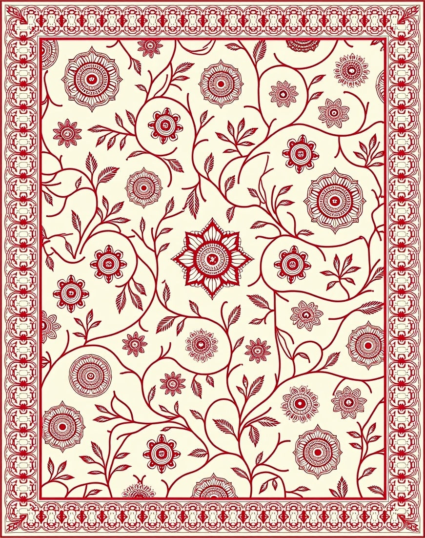 Vintage Crimson Floral Vine Scroll Rug