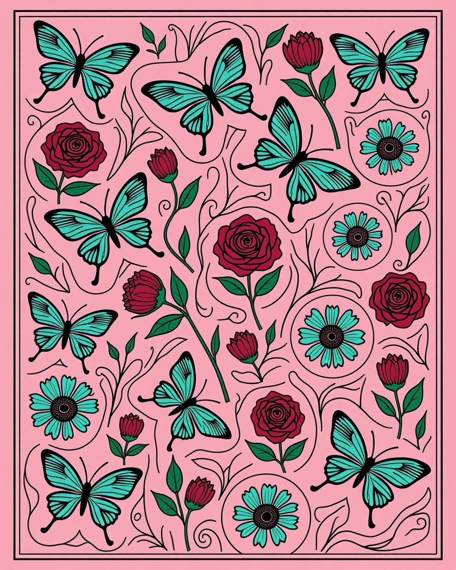 Pink Turquoise Butterfly Rose Garden Rug