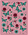 Pink Turquoise Butterfly Rose Garden Rug