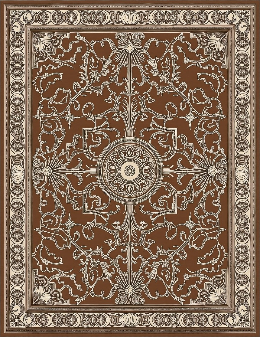 Brown Cream Scrollwork Medallion Rug