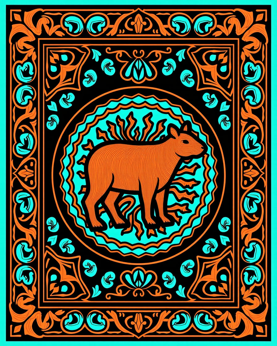 Orange Capybara Teal Frame Rug