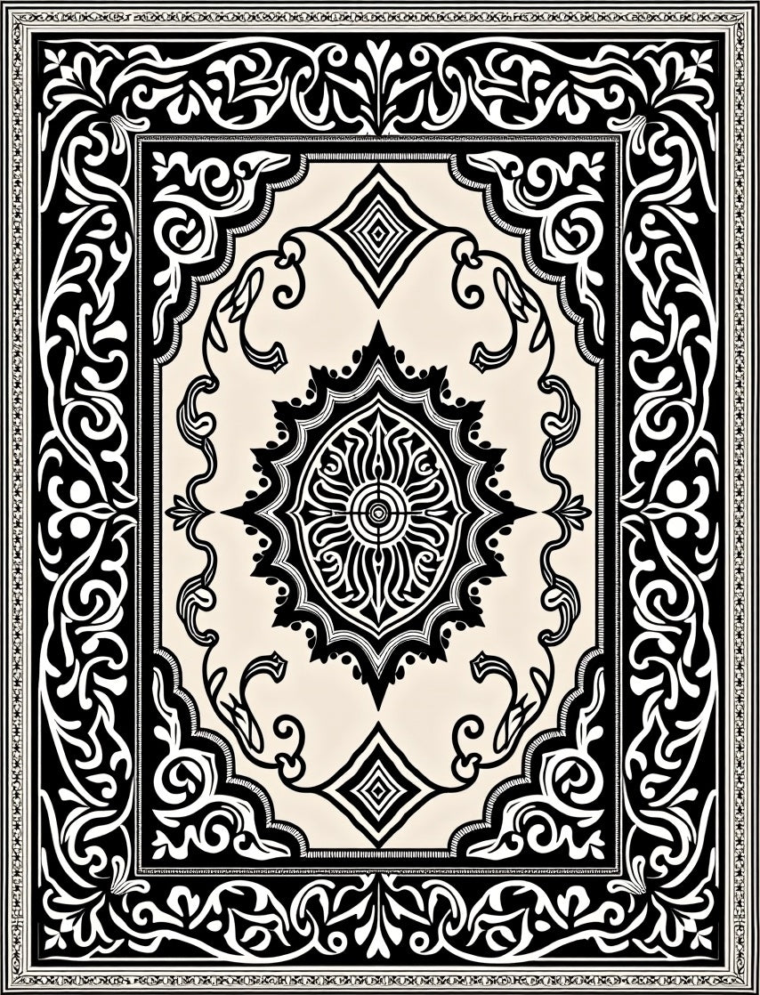 Elaborate Black White Scrollwork Rug