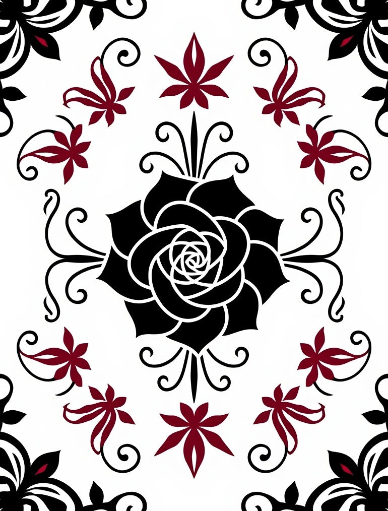 Crimson and Black Floral Medallion Rug