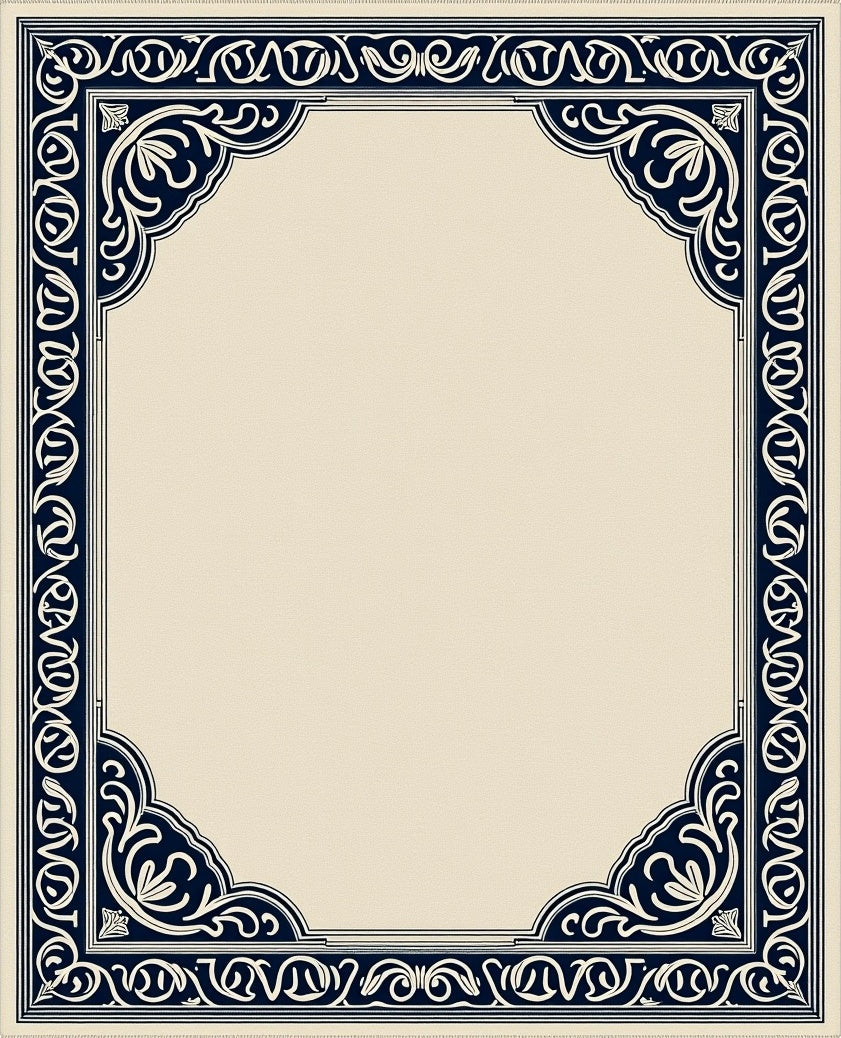 Ornate Navy Floral Frame Cream Rug