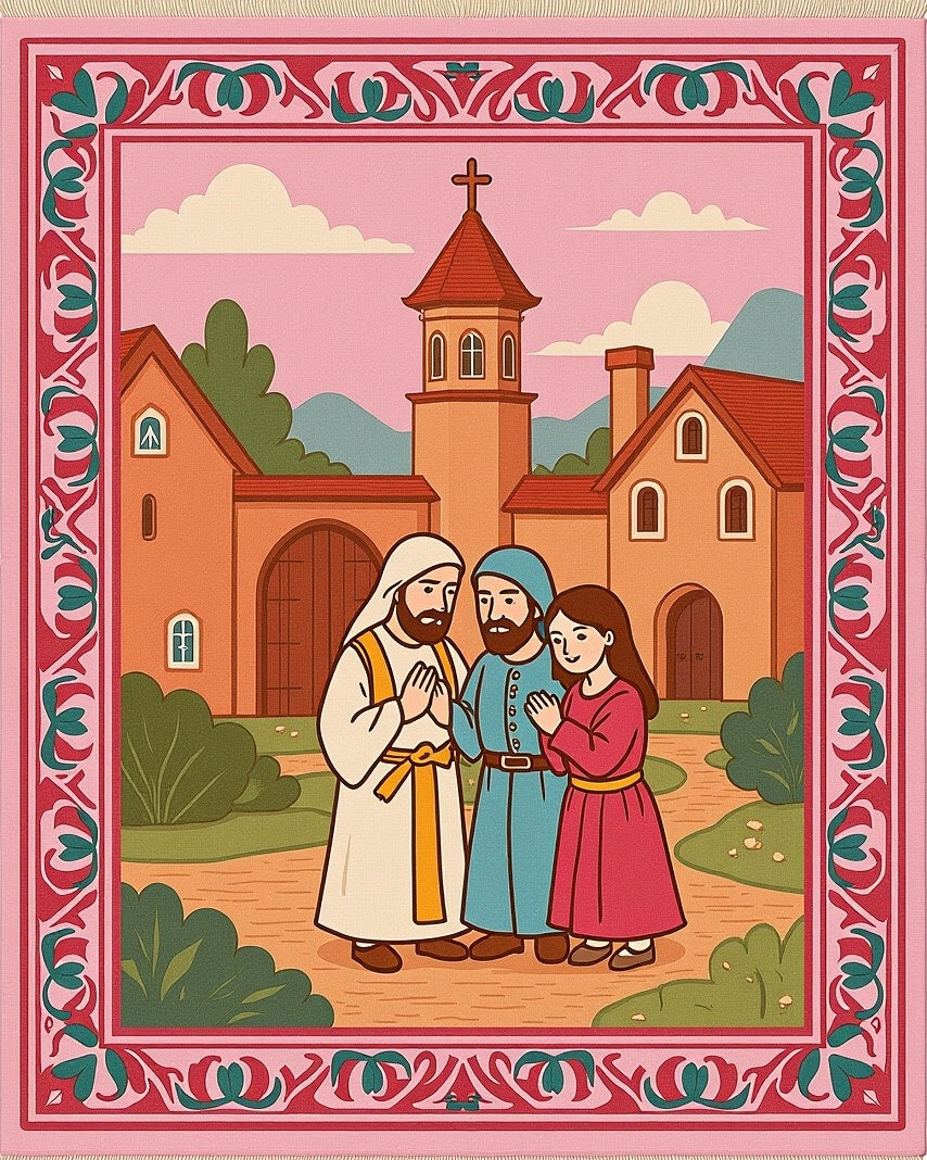 Pastoral Scene Religious Border Rug