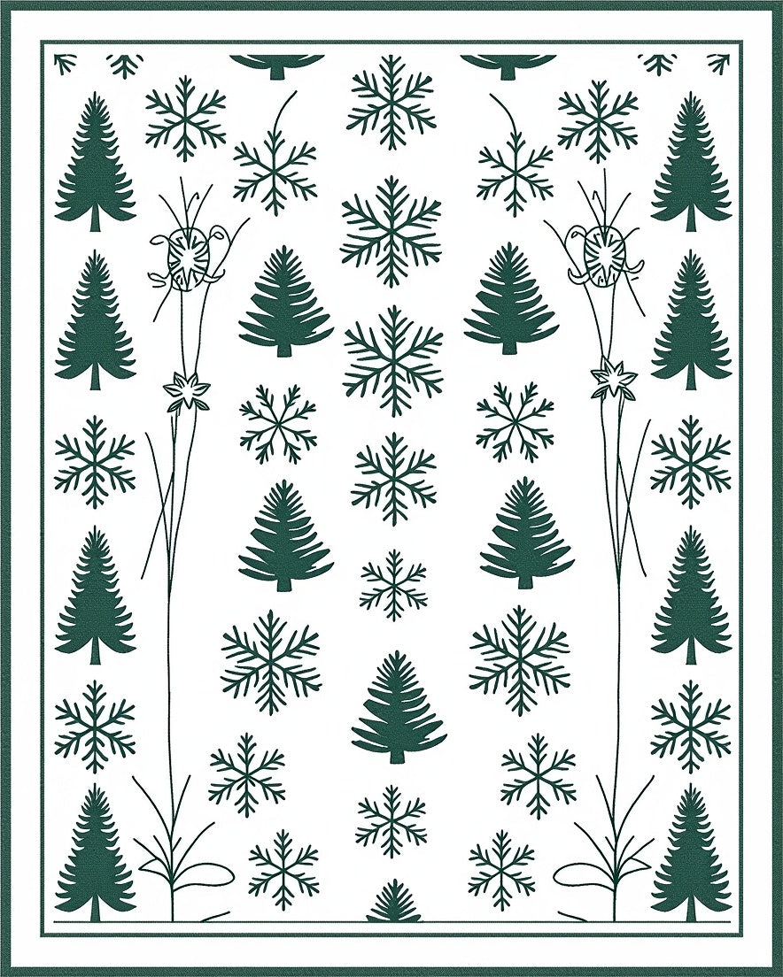 Deep Forest Green Snowflake Tree Collage Rug