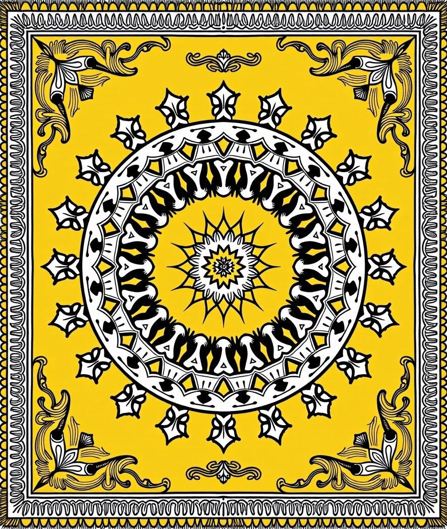 Yellow Black White Medallion Border Rug