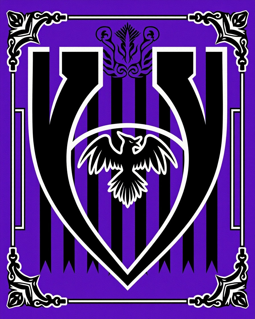 Vibrant Black Raven Crest Purple Stripes Rug