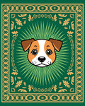 Cute Dog Green Golden Floral Square Rug
