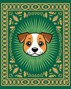 Cute Dog Green Golden Floral Square Rug