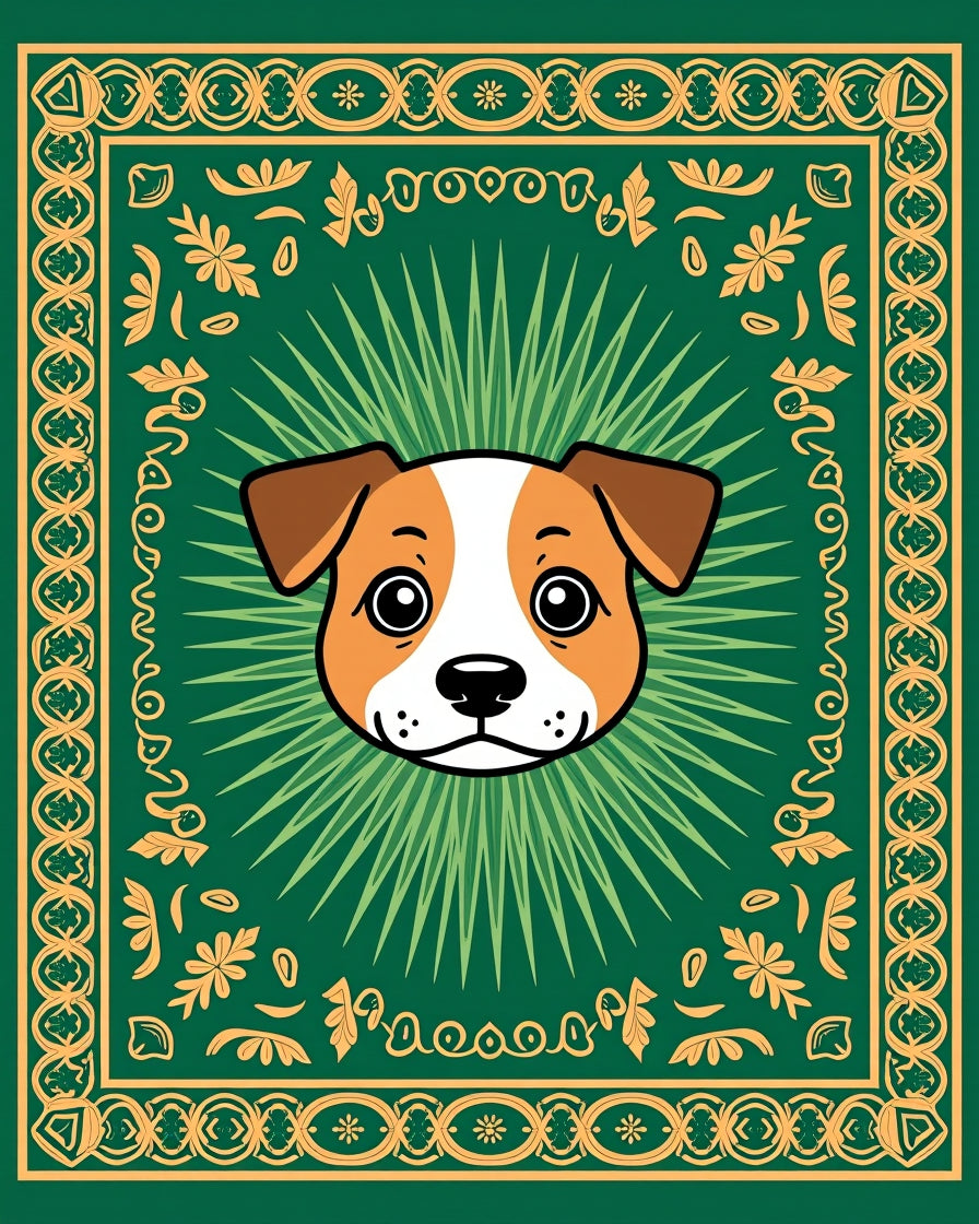 Cute Dog Green Golden Floral Square Rug