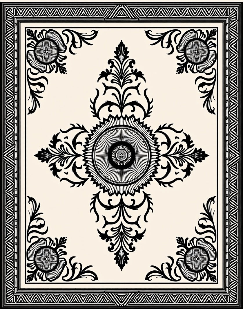 Black and Ivory Floral Crest Medallion Rug