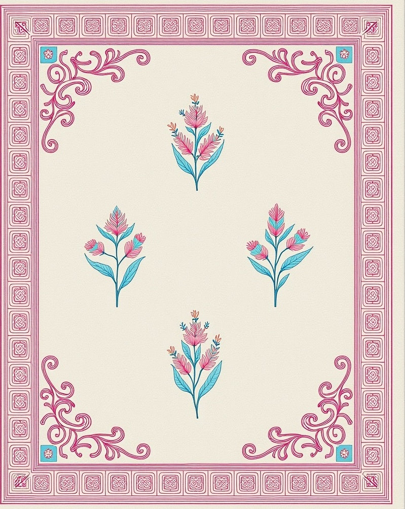 Pink Floral Scroll Cream Border Rug