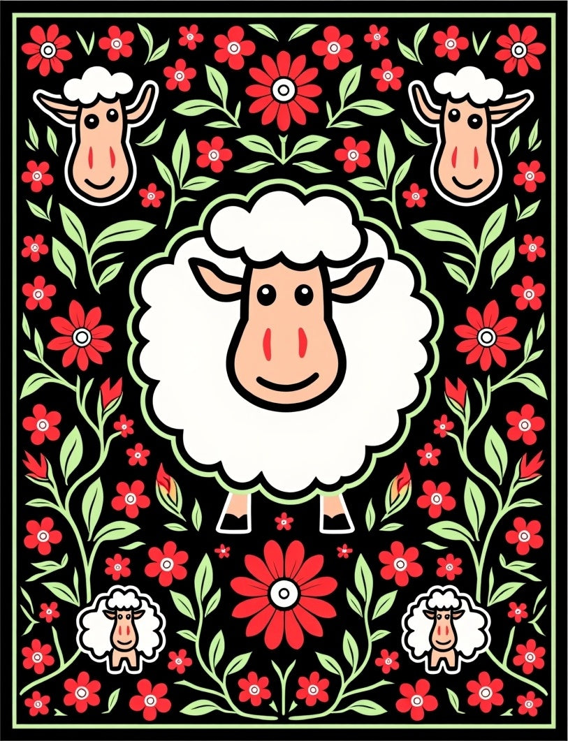 Whimsical Red Floral Sheep Garden Rug