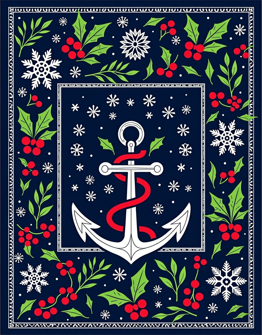 Holiday Navy Anchor Holly Snowflakes Rug