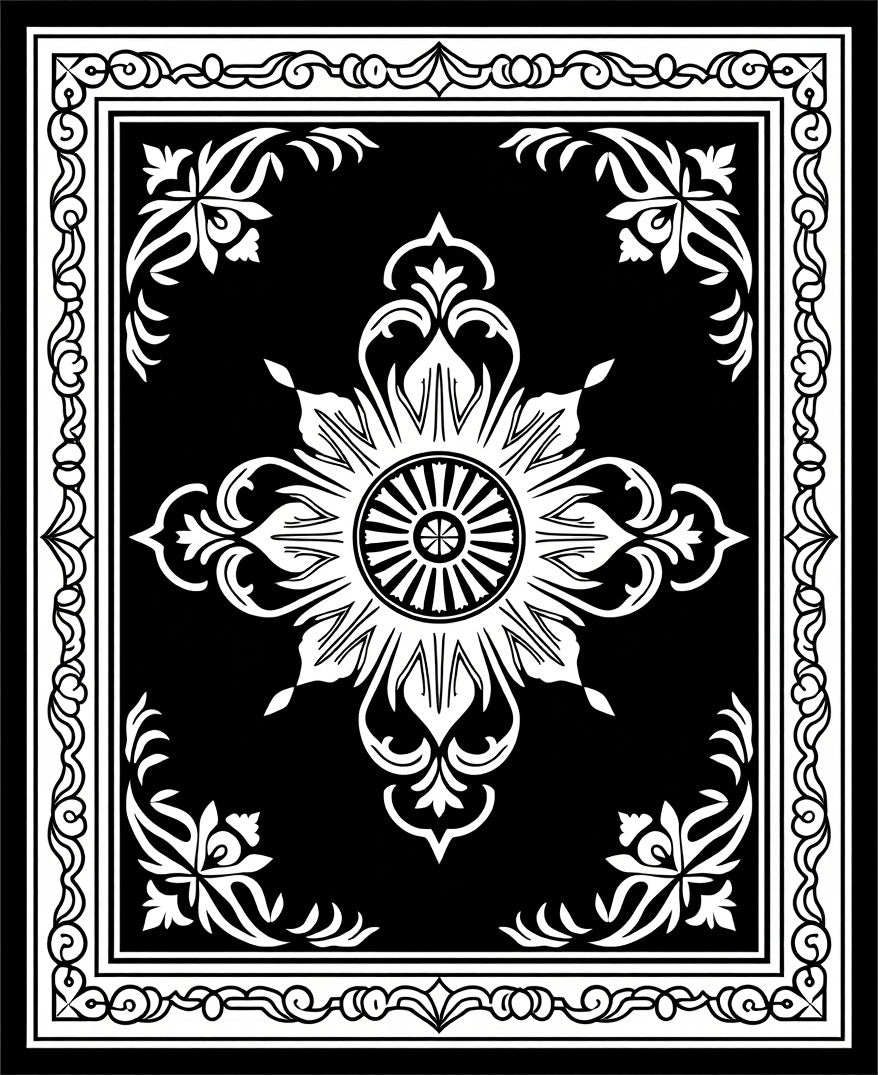 Black White Floral Mandala Frame Rug