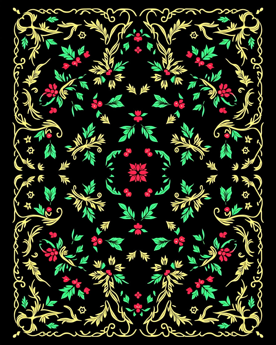 Crimson Red Green Gold Floral Swirl Rug