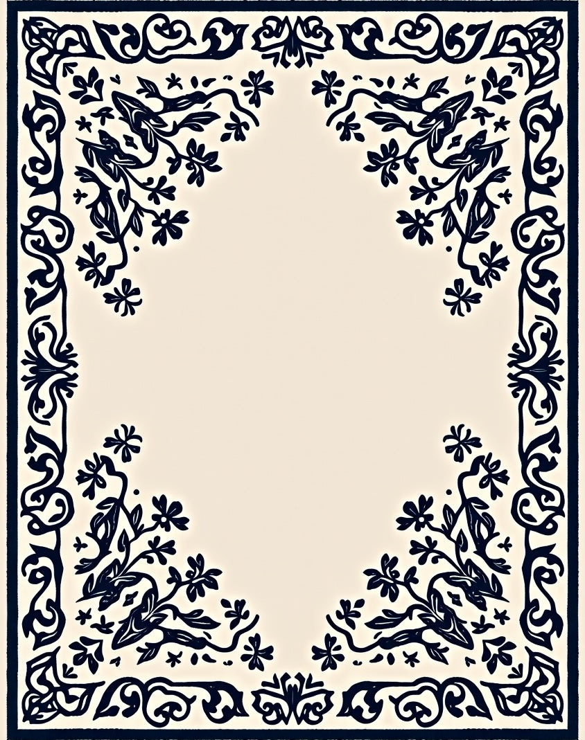 Cream Navy Floral Scroll Border Rug
