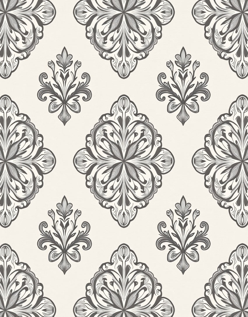 Ornate Gray Damask Floral Elements Rug