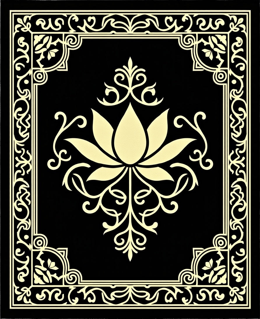 Black Golden Lotus Floral Frame Rug