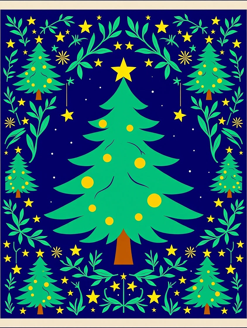 Festive Christmas Trees Yellow Star Garland Rug