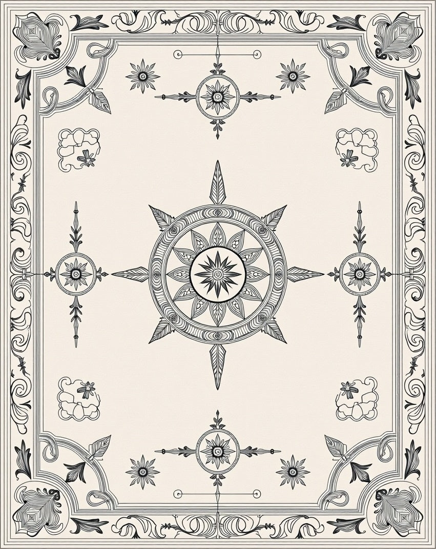 Ornate Black Floral Medallion Borders Rug