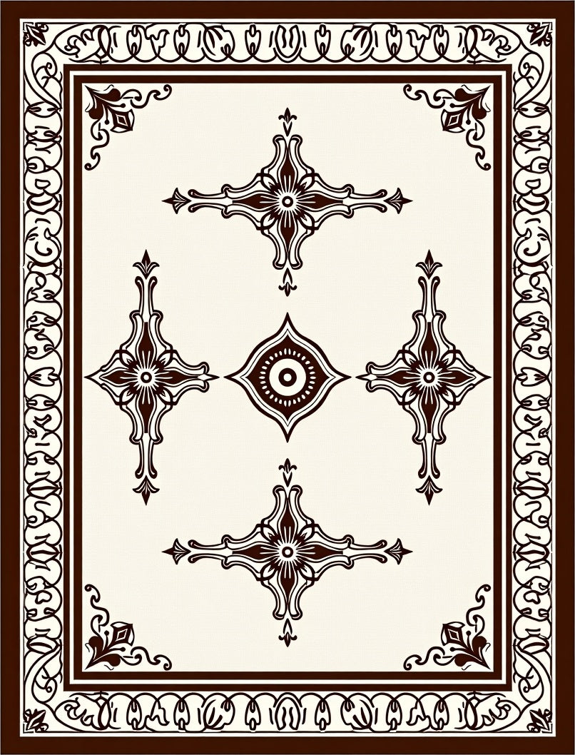 Ornate Cream Brown Medallion Border Rug
