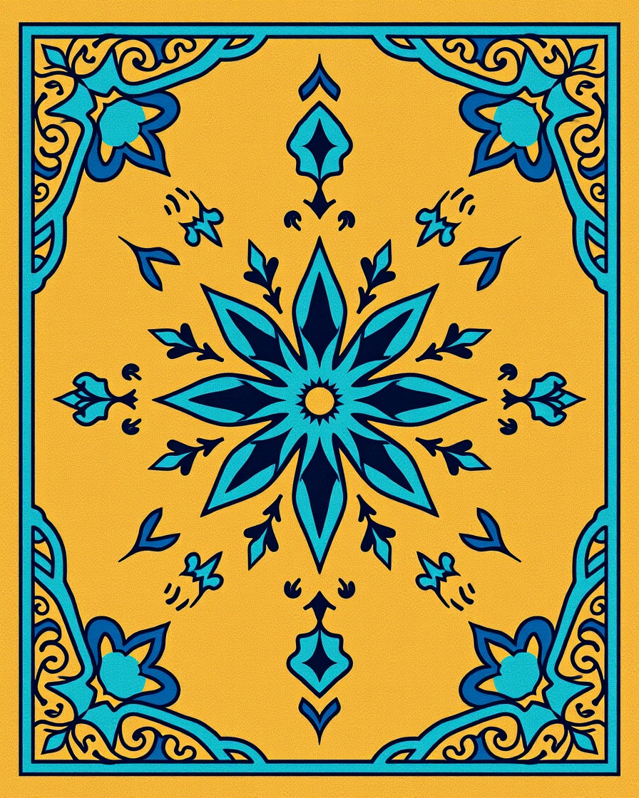 Ornate Teal Floral Medallion Yellow Rug