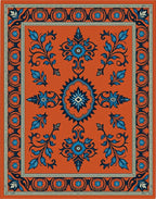 Ornate Blue Floral Border Orange Rug