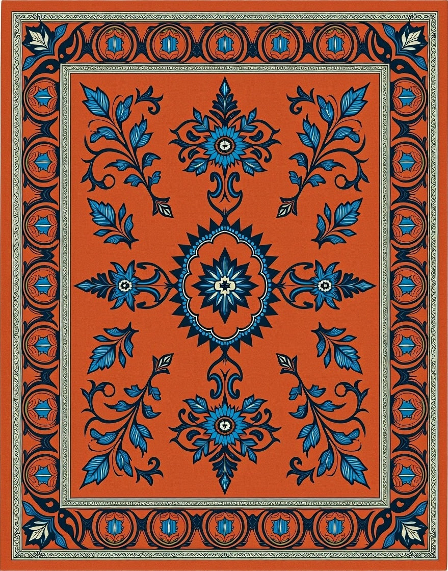 Ornate Blue Floral Border Orange Rug