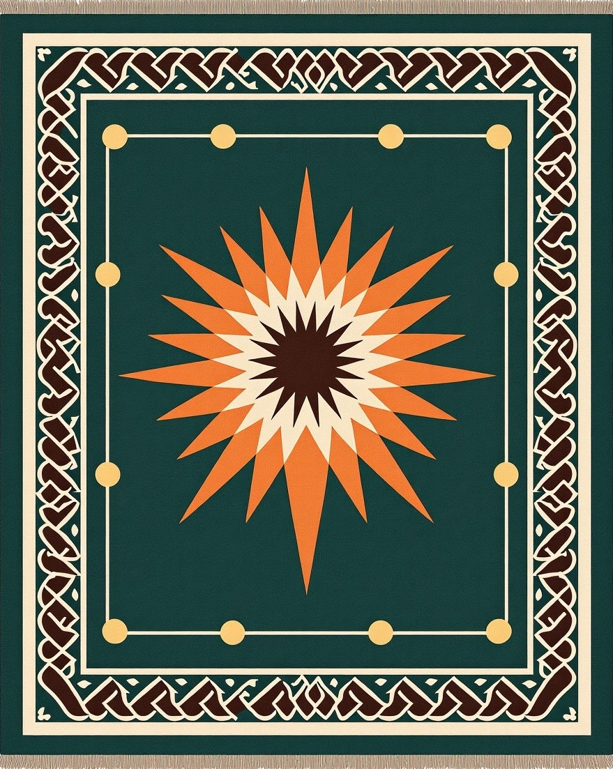 Emerald Orange Sunburst Intricate Border Rug