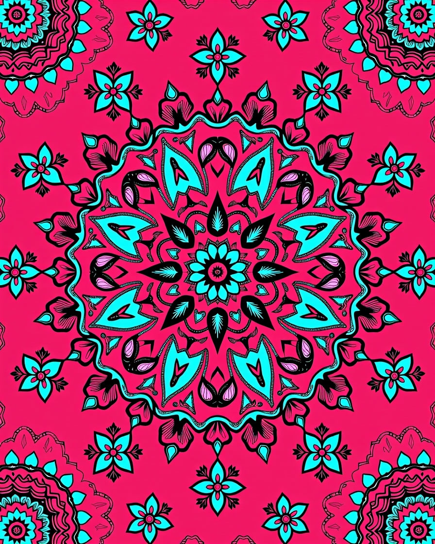 Vibrant Teal Floral Mandala Rug