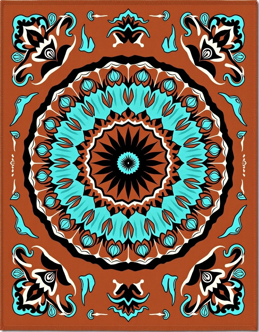 Sunburst Turquoise Medallion Terra Cotta Rug