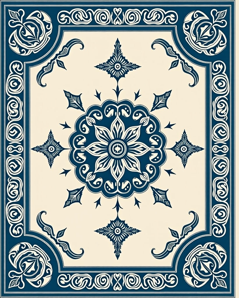 Elegant Navy Cream Medallion Square Rug