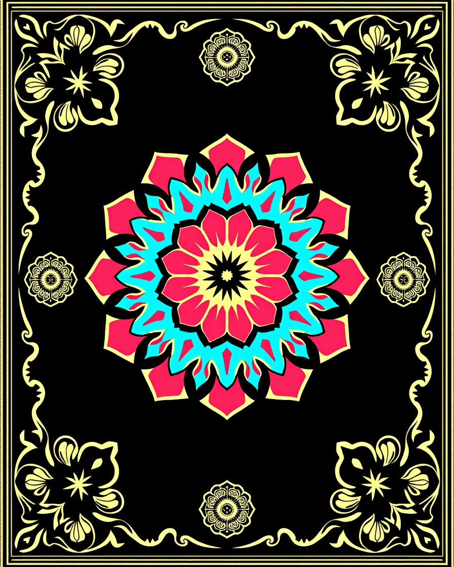 Bold Fuchsia Teal Mandala Frame Rug