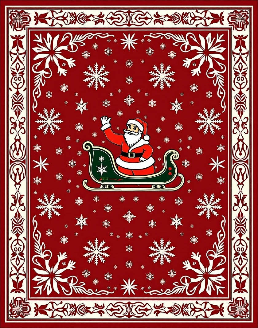 Red Santa Sleigh Snowflake Border Rug