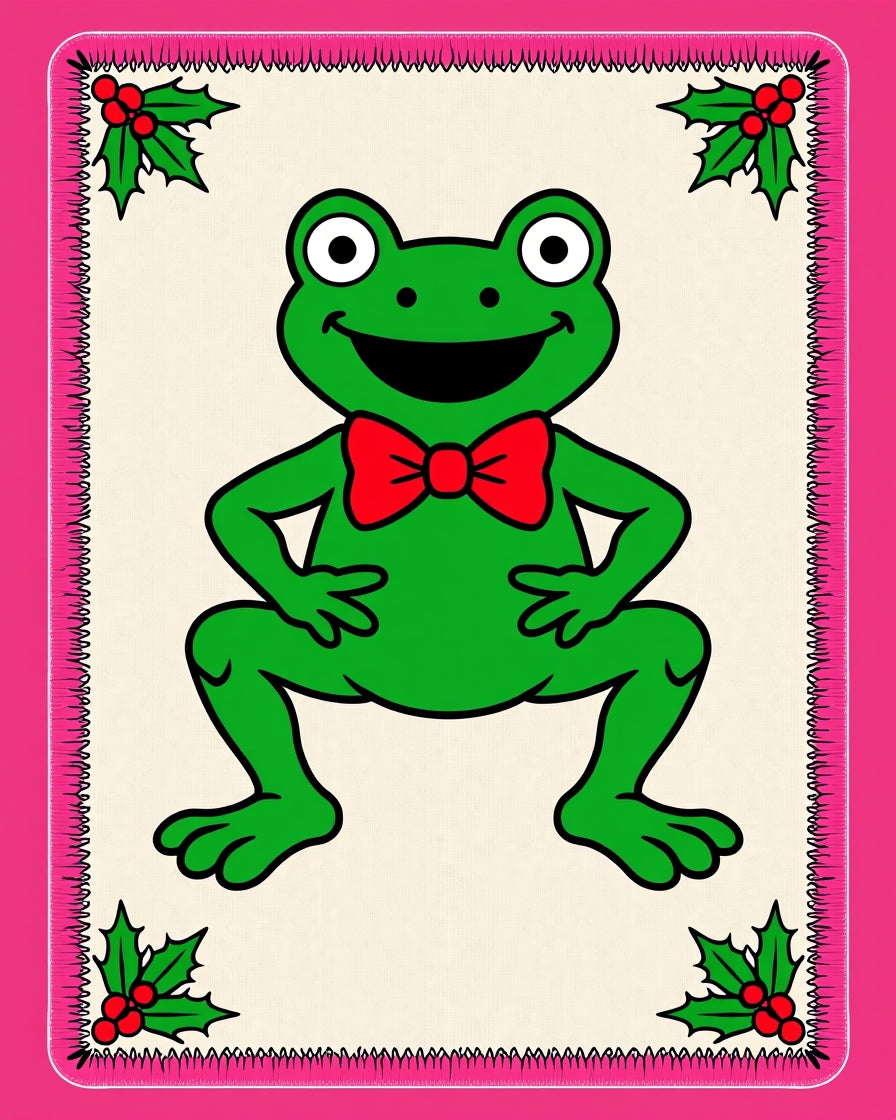 Cheerful Green Frog Red Bow Holly Rug