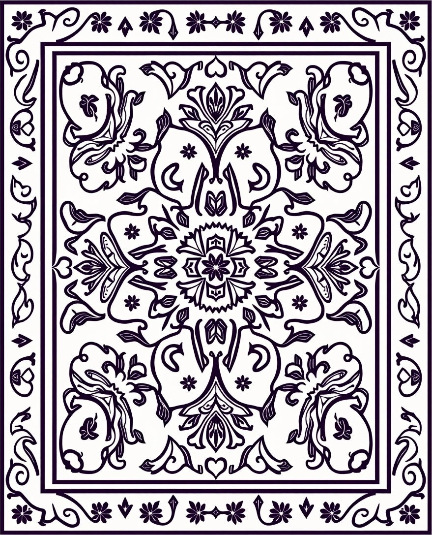 Ornate Black Floral Scroll Medallion Rug