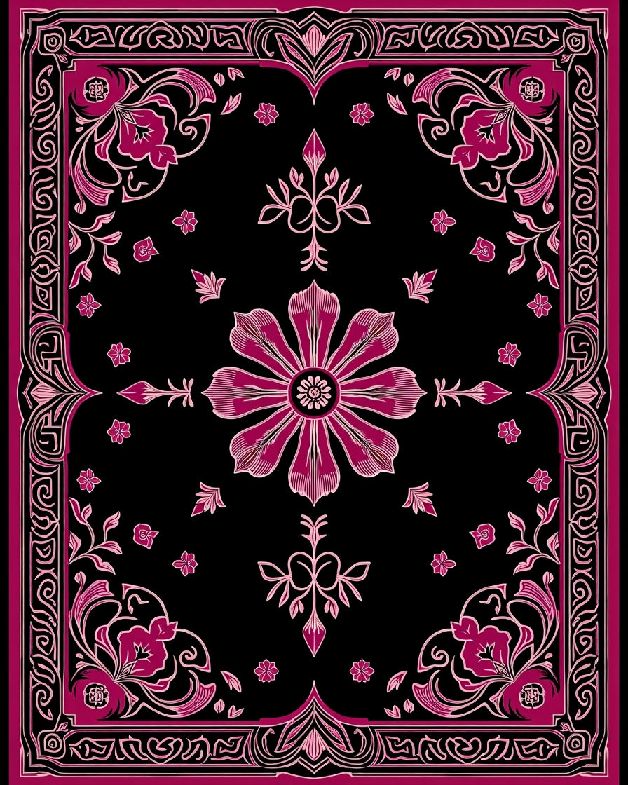 Deep Pink Floral Black Medallion Rug