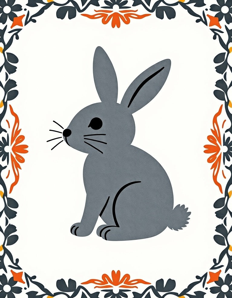 Gray Sitting Rabbit Floral Border Rug
