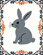 Gray Sitting Rabbit Floral Border Rug