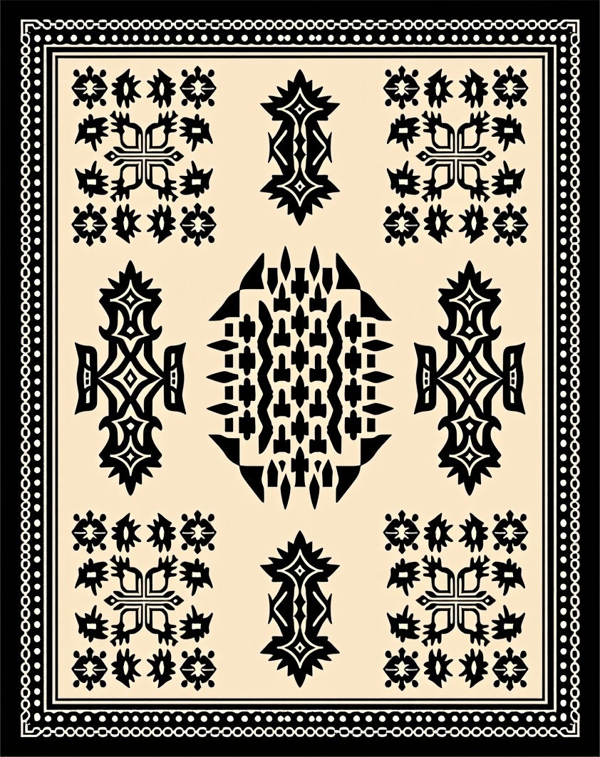 Black and Beige Central Medallion Abstraction Rug