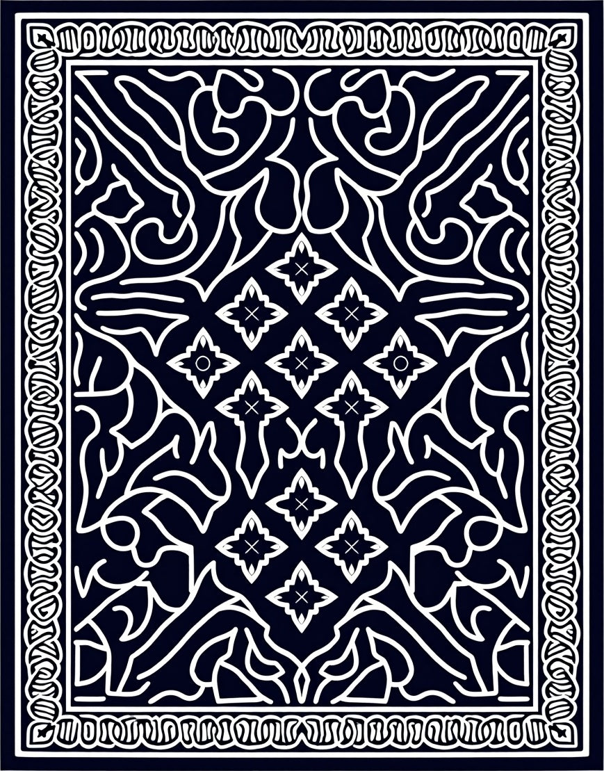 Dark Blue White Floral Medallion Mandala Rug