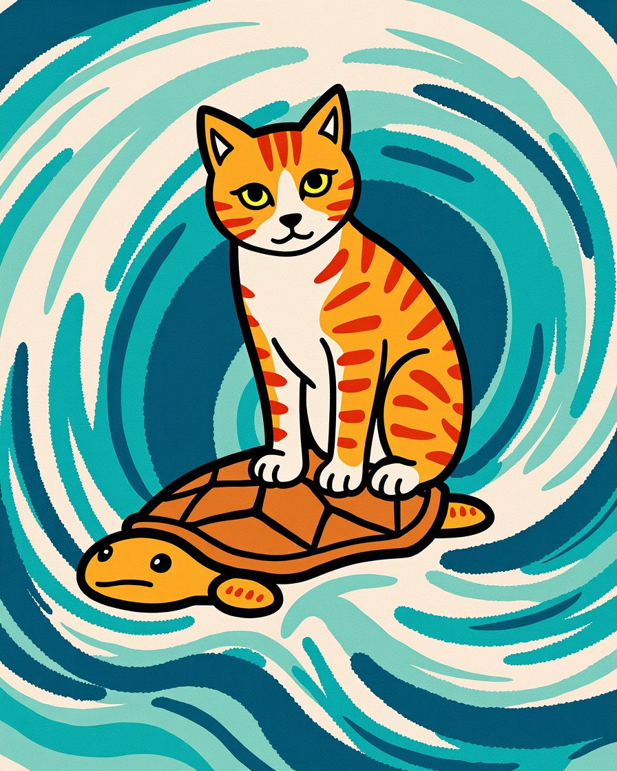 Orange Cat Riding Turtle Waves Rug