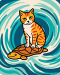 Orange Cat Riding Turtle Waves Rug
