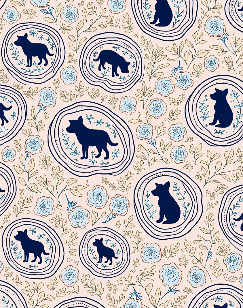 Navy Dog Floral Medallion Cream Rug