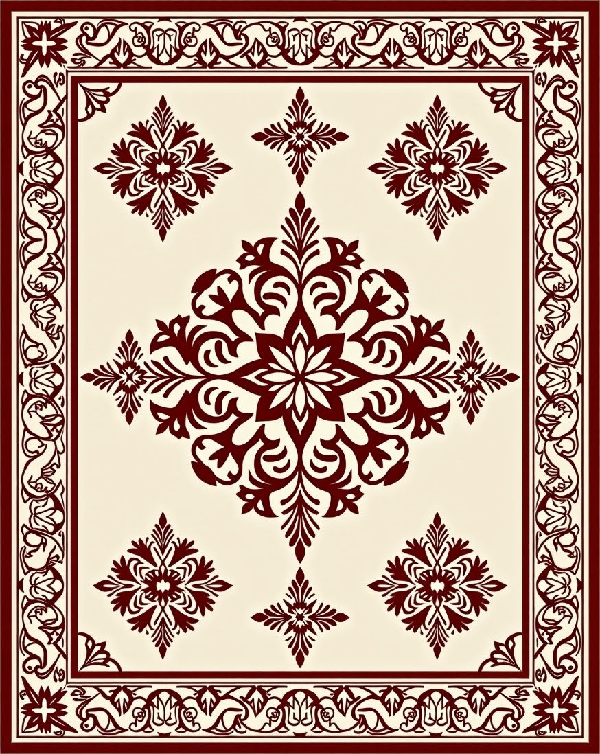 Ornate Dark Red Centerpiece Floor Covering Rug